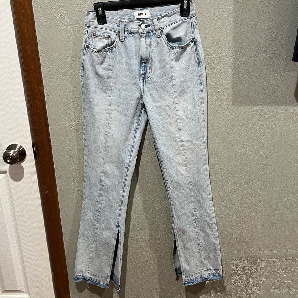Pistola Light Blue Women's Straight Leg Jeans EUC Size 25 Slit on Side Raw Hem - Picture 2 of 7